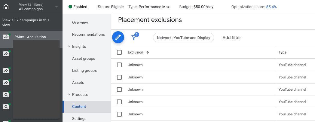 Kampanya düzeyinde hariç tutmalar (Görüntülü reklam, Video, Talep Oluşturma) için: