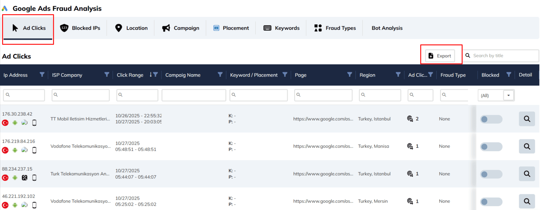 Reklam Tıklamaları raporumu nasıl dışa aktarabilirim?