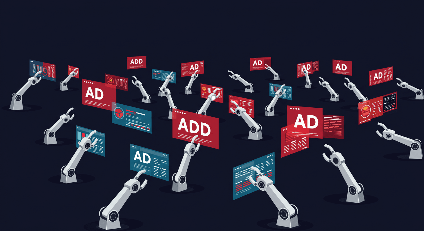 Numerous robotic arms holding digital displays showing 'AD' or 'ADD', ClickSambo.com